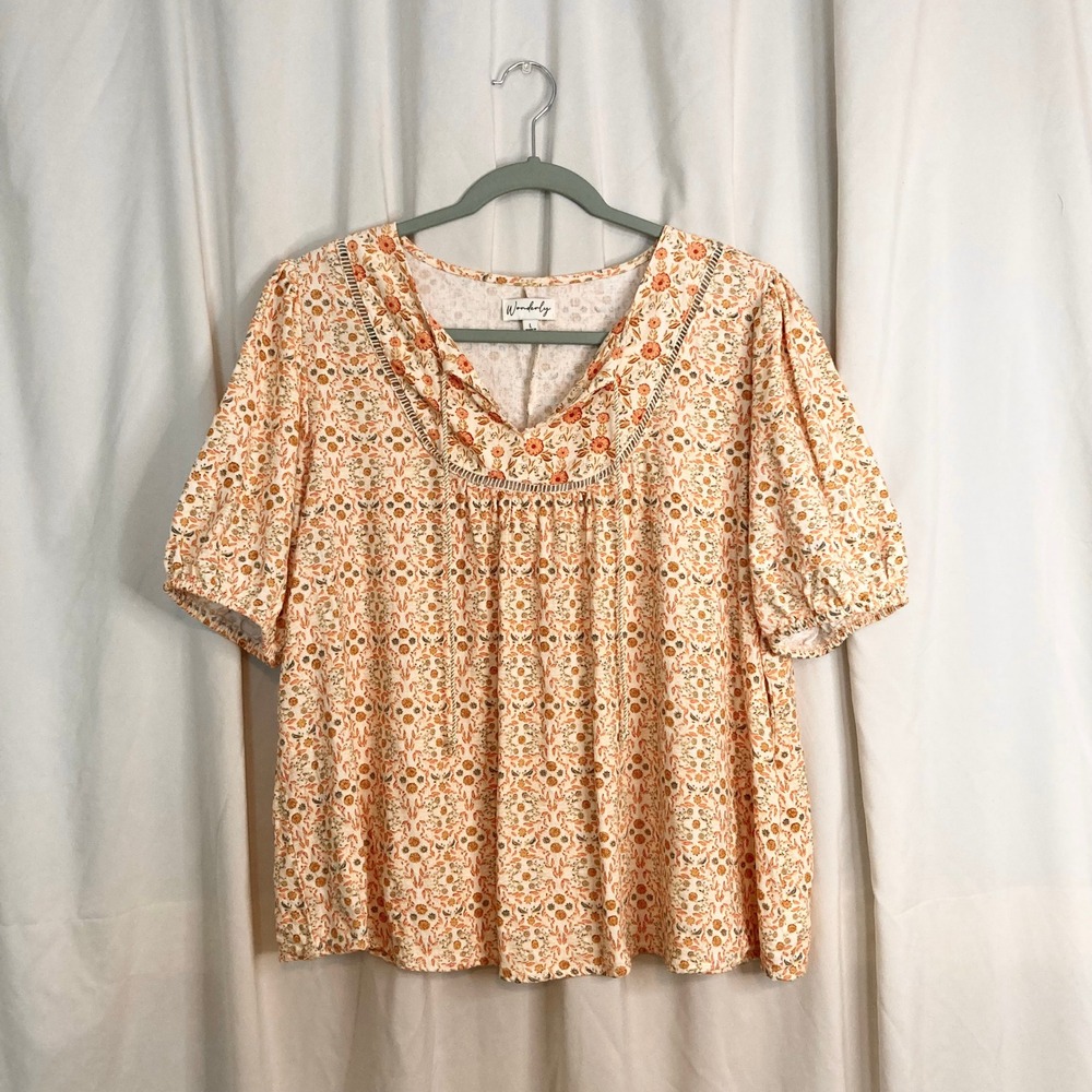 Orange Floral Linen Blend Puff Sleeve Peasant Top Cottagecore Boho Wonderly L